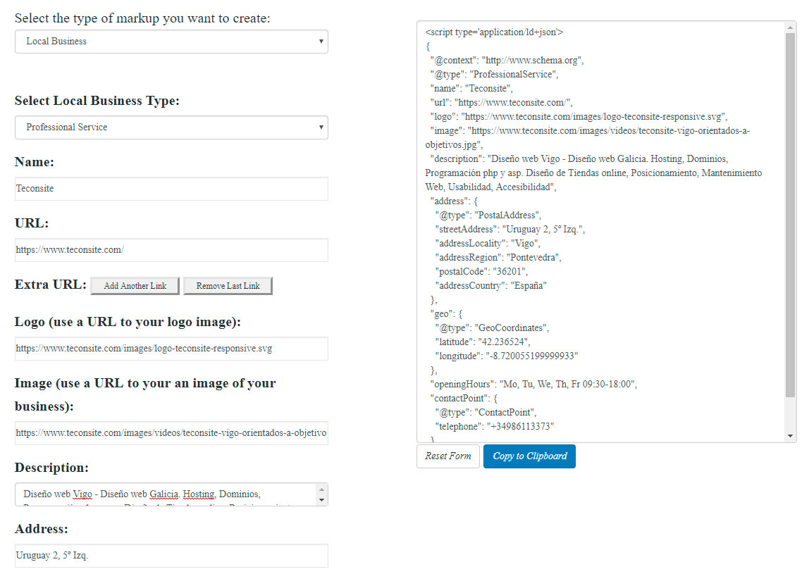 Formulario JSON-LD Schema para Negocio Local