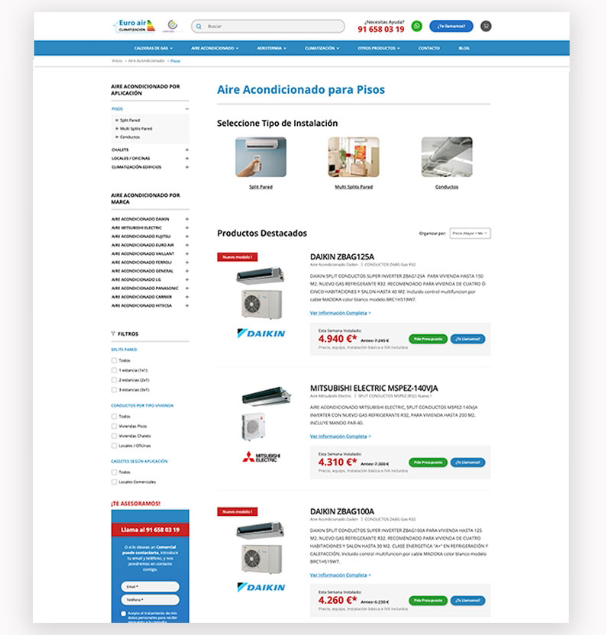 Filtrado de productos por categoría, marca y características EuroAir